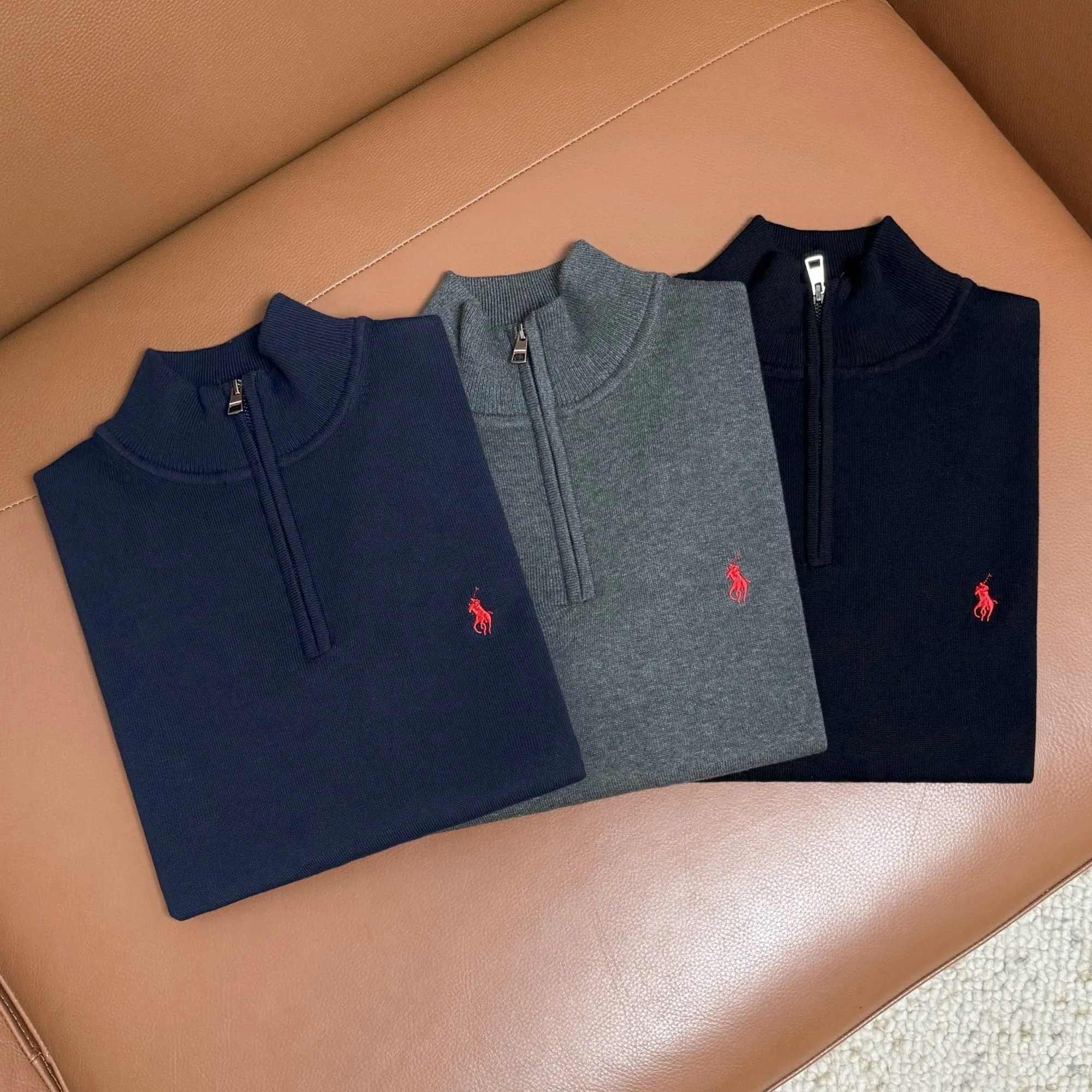 P210 M301#Ralph Lauren Pony Stand Collar Half-Zip Sweater Color: Black Royal Blue Gray Size: M-XXL